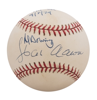 Hank Aaron and Al Downing Dual Signed and Inscribed ONL Coleman Baseball with "#715 on 4/8/74" Inscription (JSA)